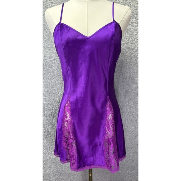 Y2K Vintage Victoria's Secret Purple Mini Slip Dress XS Satin Lace Babydoll
